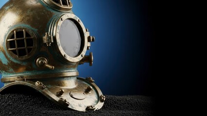 Vintage Copper Diving Helmet on Dark Surface.