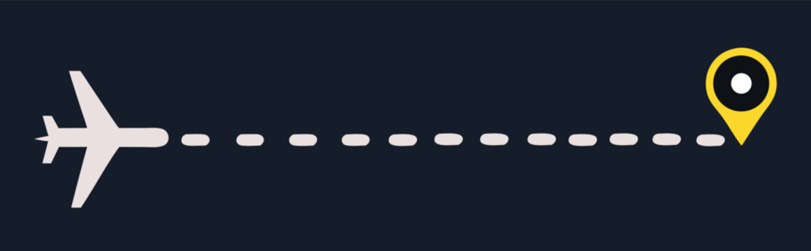Airplane route path with dotted flight trail and location pin on dark background, minimal flat vector travel illustration