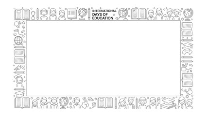A decorative frame with various educational icons and symbols surrounding a central blank space with 'days of education' text, illustration, white background, and a top-down viewpoint
