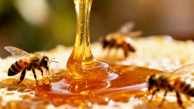 Honey, bees, and honeycomb captured in a close-up shot. The golden, viscous honey pours beautifully onto the comb, drawing the attention to bees