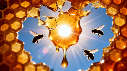 Golden honey dripping from honeycomb with bees flying around, the sun shining through