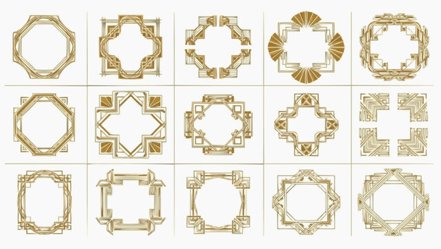 A collection of intricate gold frames and ornate borders displayed in a grid layout, showcasing various designs and patterns, as seen in img_t53js1_fx.svg