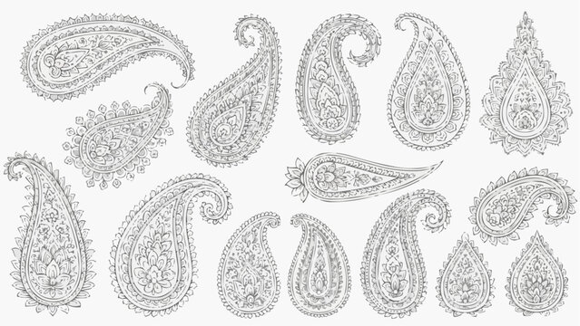 Illustration of various paisley patterns and designs in a collection of teardrop shapes