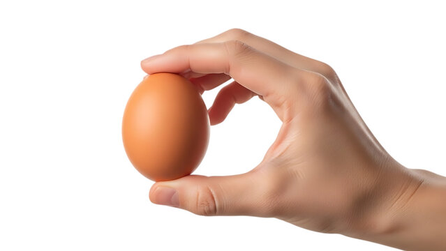 Hand holding a single brown egg isolated cut out on PNG. AI GENERATED.