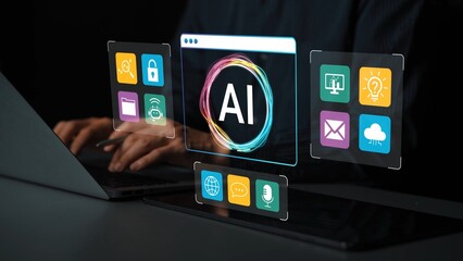 Futuristic Interface Displaying AI Technology Concepts with Icons Representing Various Applications and Features Gluon.