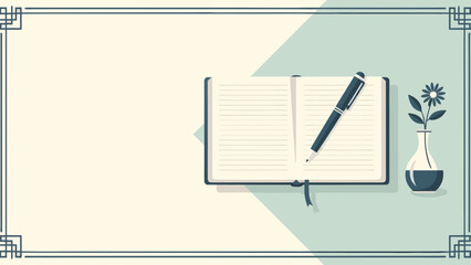 Administrative Professionals Day concept. Open notebook, elegant pen, delicate flower vase present thoughtful appreciation for Administrative Professionals Day. Graphic for banners, invitations.