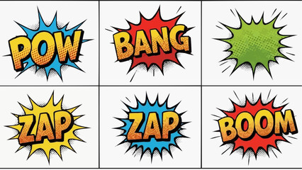 A grid of six comic book style explosion graphics with text labels, displayed on a clean white background, as seen from a straightforward frontal viewpoint, file reference img_q107se_fx.svg