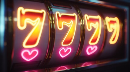 Vibrant Neon Slot Machine with Seven Symbols and Heart Accents in a Casino Setting