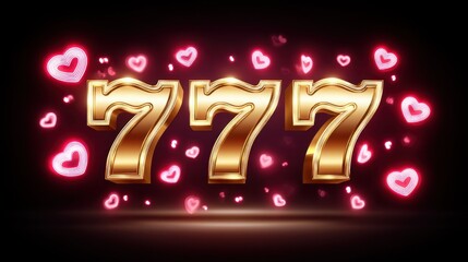 Golden Lucky 777 with Floating Hearts in a Dark Background for Casino, Luck, and Celebration Themes