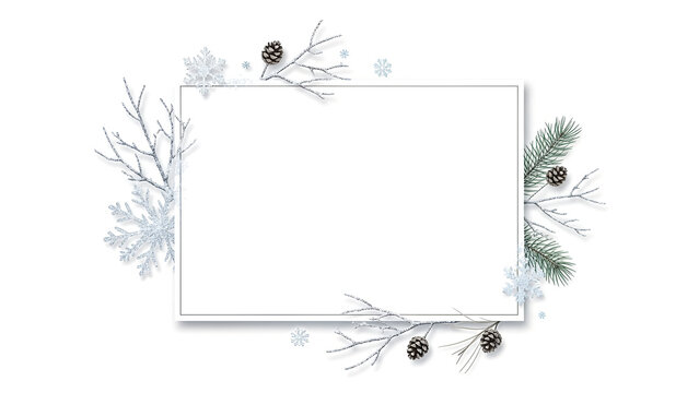 Winter scene with snowflakes and pine branches surrounding a rectangular frame on a white background from a straight-on viewpoint - Powered by Adobe