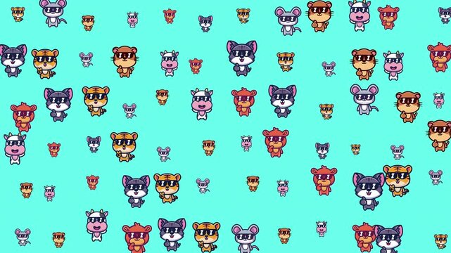 Background with animal pixel art suitable for designs related to childrens products, gaming, websites, and social media graphics, illustrating cute animals.