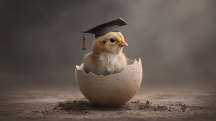 Cute chick hatching from egg wearing graduation cap, symbolizing education, success, and celebration of new beginnings