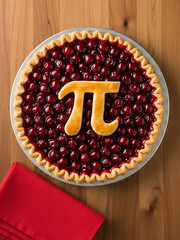 Cherry pie with pi symbol on top of crust on wooden table