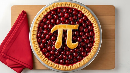 Cherry pie with pi symbol on top of berries and crust on wooden board