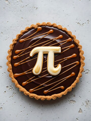 Chocolate tart with caramel drizzle and pi symbol on top
