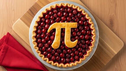 Cherry pie with pi symbol on top on plate on wooden board