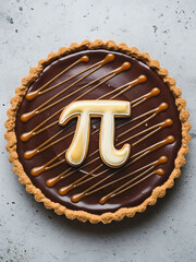 Chocolate tart with caramel drizzle and pi symbol on top