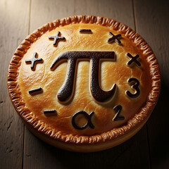 Delicious pie with mathematical symbols on top on wooden table