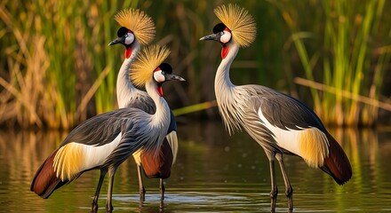 Fototapeta premium Elegant African Crowned Cranes Family Portrait in Lush Wetlands Habitat.
