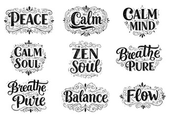 Fototapeta premium Black and white ornamental typography set featuring nine motivational phrases in vintage style