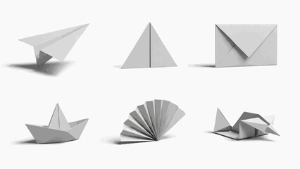 A series of paper objects in various folded forms, including boats, planes, and envelopes, displayed on a clean white background from multiple viewpoints