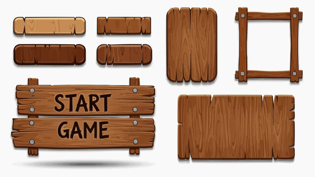 Wooden signboards and frames displayed in a digital illustration for a game start screen