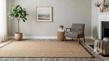 Stylish modern living room with large natural fiber rug, comfortable armchair, houseplant, and minimalist decor