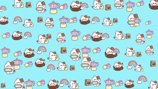 Blue background with cats, coffee pots, and rainbows vibrant and whimsical design perfect for childrens products or social media graphics.