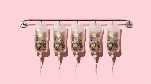 Money Infusion Concept with Coins in IV Bags Displayed on Pink Background for Financial Growth Representation