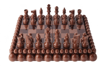 Brown chess set on a reflective board brown chess pieces isolated on a transparent background