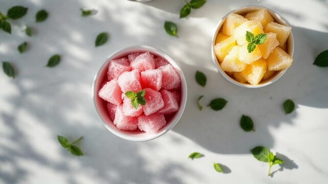Pink and yellow fruit sorbet in white bowls with mint leaves under dappled sunlight and shadows