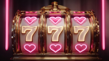 Colorful Neon Slot Machine with Lucky Sevens and Hearts Symbols in a Playful Casino Atmosphere