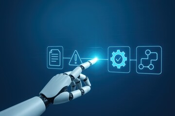 Automation's Precision: A robotic hand, with unwavering precision, interacts with digital icons representing documentation, caution, operational processes, and connectivity.