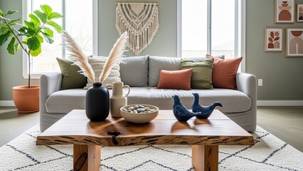 Stylish modern living room with natural light, grey sofa, live edge wooden coffee table, pampas grass, bohemian decor and earthy accents