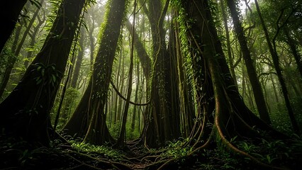 Fototapeta premium Sunlit Mystical Rainforest with Ancient Trees Vines and Ethereal Light Rays.