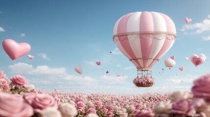 Obraz premium Romantic hot air balloon soaring over a field of pink roses and floating hearts in a clear blue sky