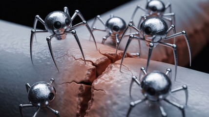 Tiny metallic robots swarm across a cracked surface, symbolizing technological invasion or vulnerability.