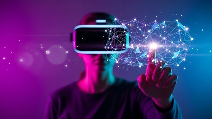 Virtual Reality Concept with Person Wearing VR Goggles and Interacting with Glowing Digital Connection Network