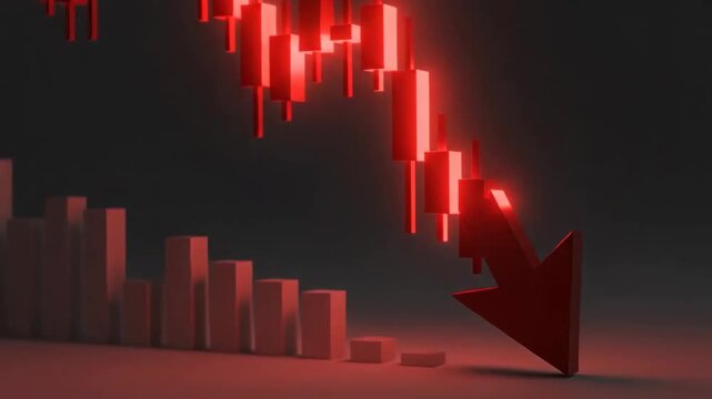Dramatic red candlestick chart with arrow pointing down, indicating a significant market downturn.
