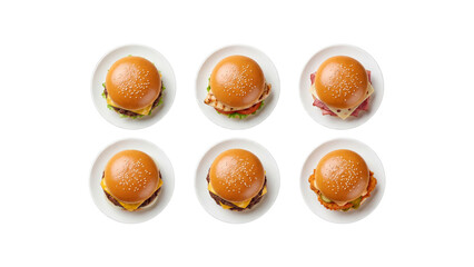 Six assorted burgers top view isolated on transparent background. PNG
