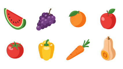 Colorful flat icons of fruits and vegetables for healthy eating inspiration