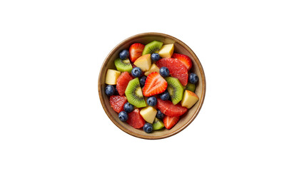 Top view fresh mixed fruit salad bowl isolated on transparent background. PNG