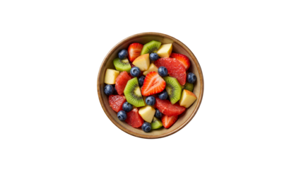Top view fresh mixed fruit salad bowl isolated on transparent background. PNG