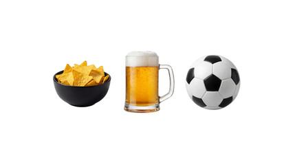 Soccer or Football game snack set with beer chips and ball isolated on transparent background. PNG