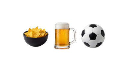 Soccer or Football game snack set with beer chips and ball isolated on transparent background. PNG