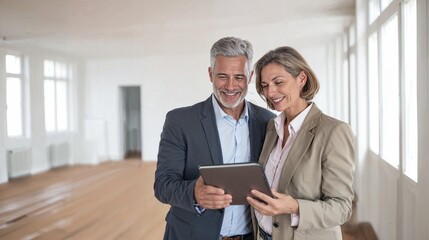 Smiling mature business colleagues discussing project on digital tablet in empty modern office room