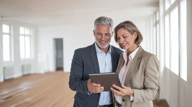 Smiling mature business colleagues discussing project on digital tablet in empty modern office room