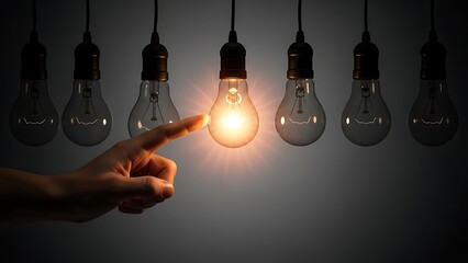 Creative Idea and Innovation Concept with Hand Pointing to a Single Bright Glowing Light Bulb among Dark Ones