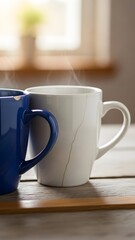 Steaming coffee mugs on a wooden table near a window with morning light