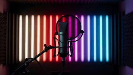 Professional Studio Condenser Microphone on Stand with Vibrant Multi-Color Neon Light Strip Background for Podcast and Music Recording